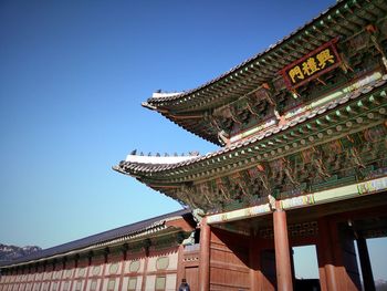 Low angle view of temple against clear blue sky