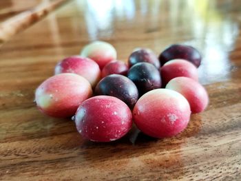 High angle view of raspberries on table