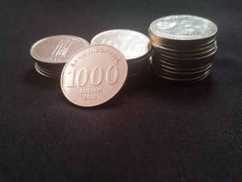 High angle view of coins on table