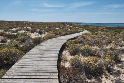 Boardwalk leading towards sea against sky