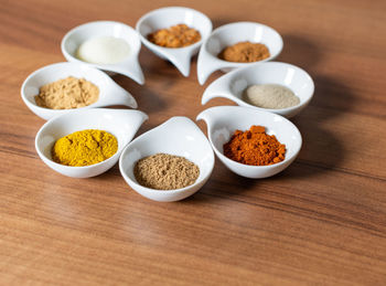 High angle view of food in bowls on table