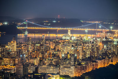 Aerial view of illuminated city buildings