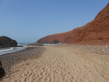 Scenic view of beach against clear blue sky