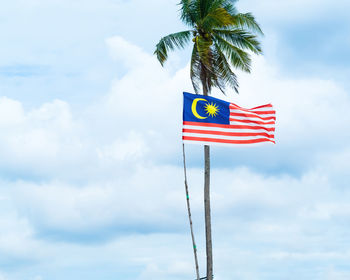 Malaysian flag waving next to the coconut tree.