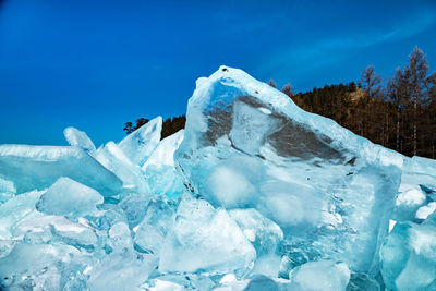 Snow covered landscape against blue sky