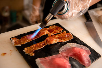 High angle view of fish in container on table