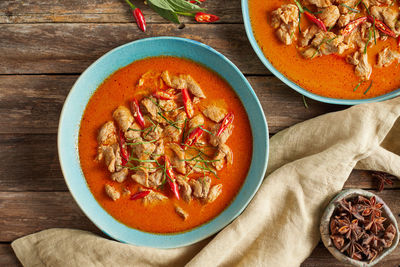 High angle view of soup in bowl on table