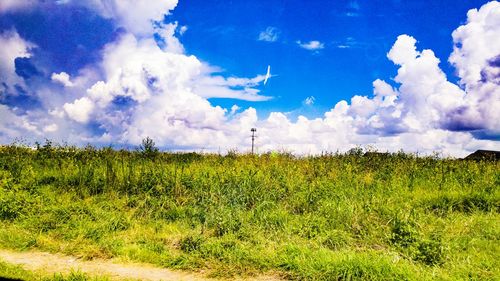 Scenic view of field against cloudy sky