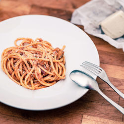 Close-up of noodles in plate on table