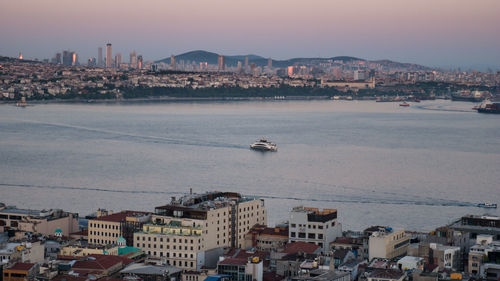 High angle view of city by sea against sky