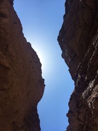 Low angle view of rock formation against clear blue sky