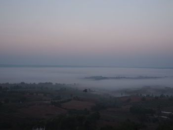 High angle view of landscape against sky during sunset