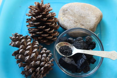 High angle view of pine cone with coal on plate