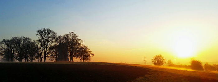 Silhouette trees on field against sky during sunset