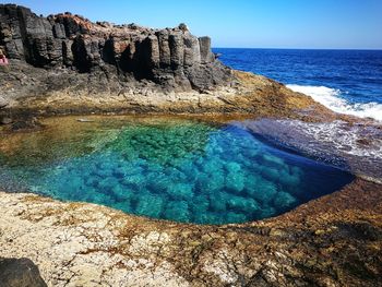 Rock formations by swimming pool