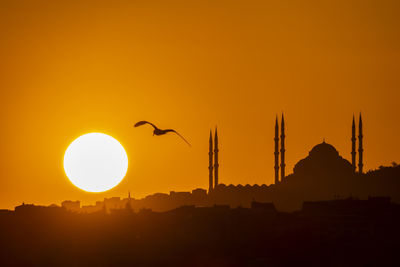 Silhouette birds flying against orange sky