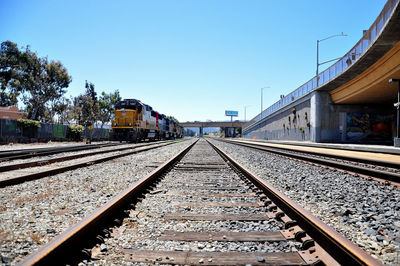 Railroad tracks against clear sky