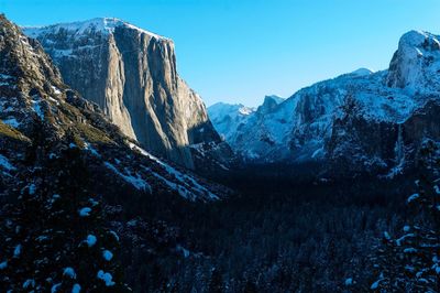 Scenic view of snowcapped mountains against clear blue sky