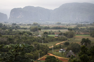 High angle view of trees and mountains against sky
