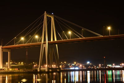 Illuminated suspension bridge over river at night