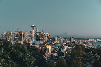 High angle view of cityscape against clear sky