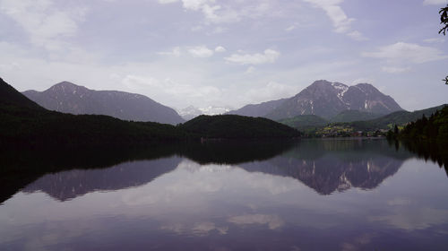 Scenic view of lake by mountains against sky