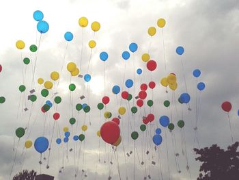 Low angle view of balloons against sky