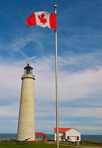 Lighthouse against buildings and sky