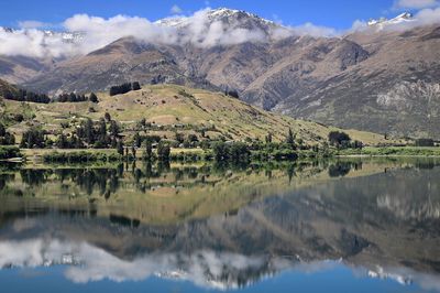 Scenic view of lake and mountains against sky