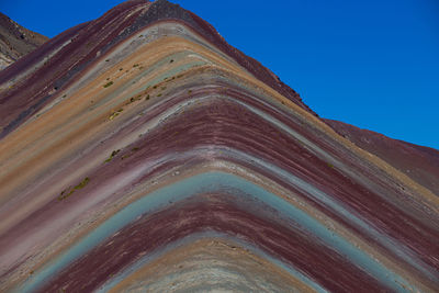 Low angle view of rock against clear blue sky