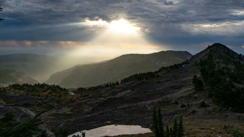 Scenic view of mountains against sky during sunset