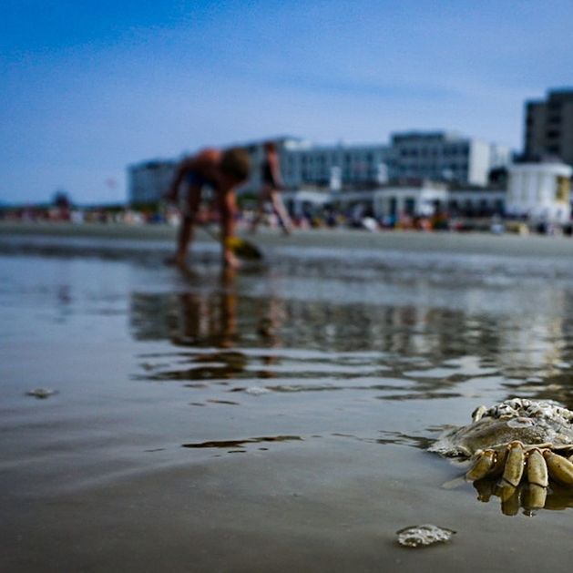 REFLECTION IN CITY ON BEACH AGAINST SKY