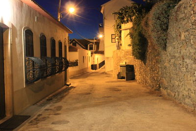 Empty alley amidst buildings at night