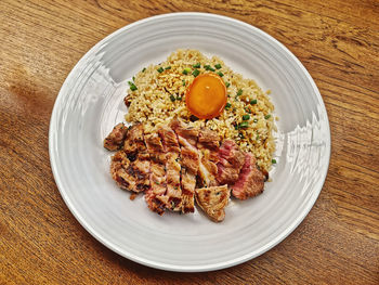 High angle view of food in plate on table