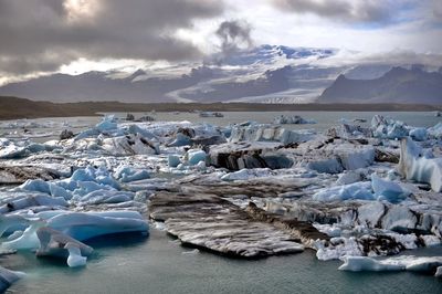 Scenic view of frozen lake against sky during winter