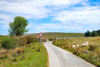 Road sign on field against sky