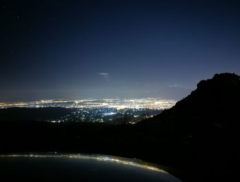 Silhouette cityscape against sky at night