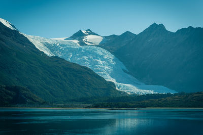 Scenic view of lake and snowcapped mountains against sky