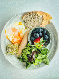 High angle view of food in plate on table breakfast 