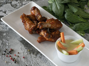 High angle view of food in plate on table