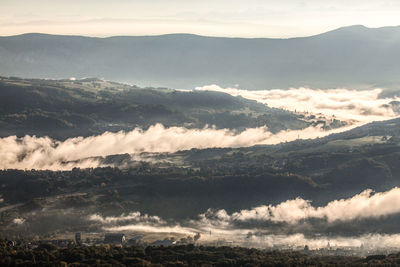 High angle view of mountain range against sky