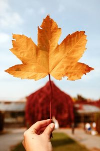 Close-up of hand holding maple leaf against sky during autumn