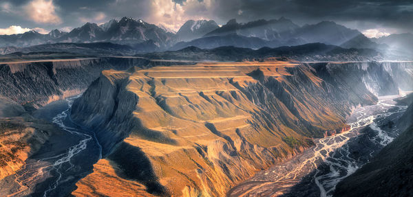 Aerial view of landscape against cloudy sky