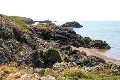 Scenic view of rocks on beach against clear sky