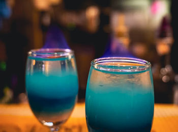 Close-up of beer in glass on table