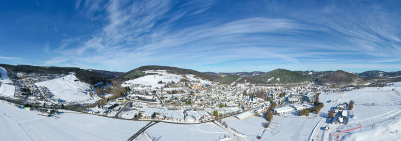 Aerial view of willingen. hotels and restaurants, viaduct, ski slopes sonnenlift and ritzhagen.