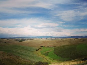 Scenic view of agricultural field against sky