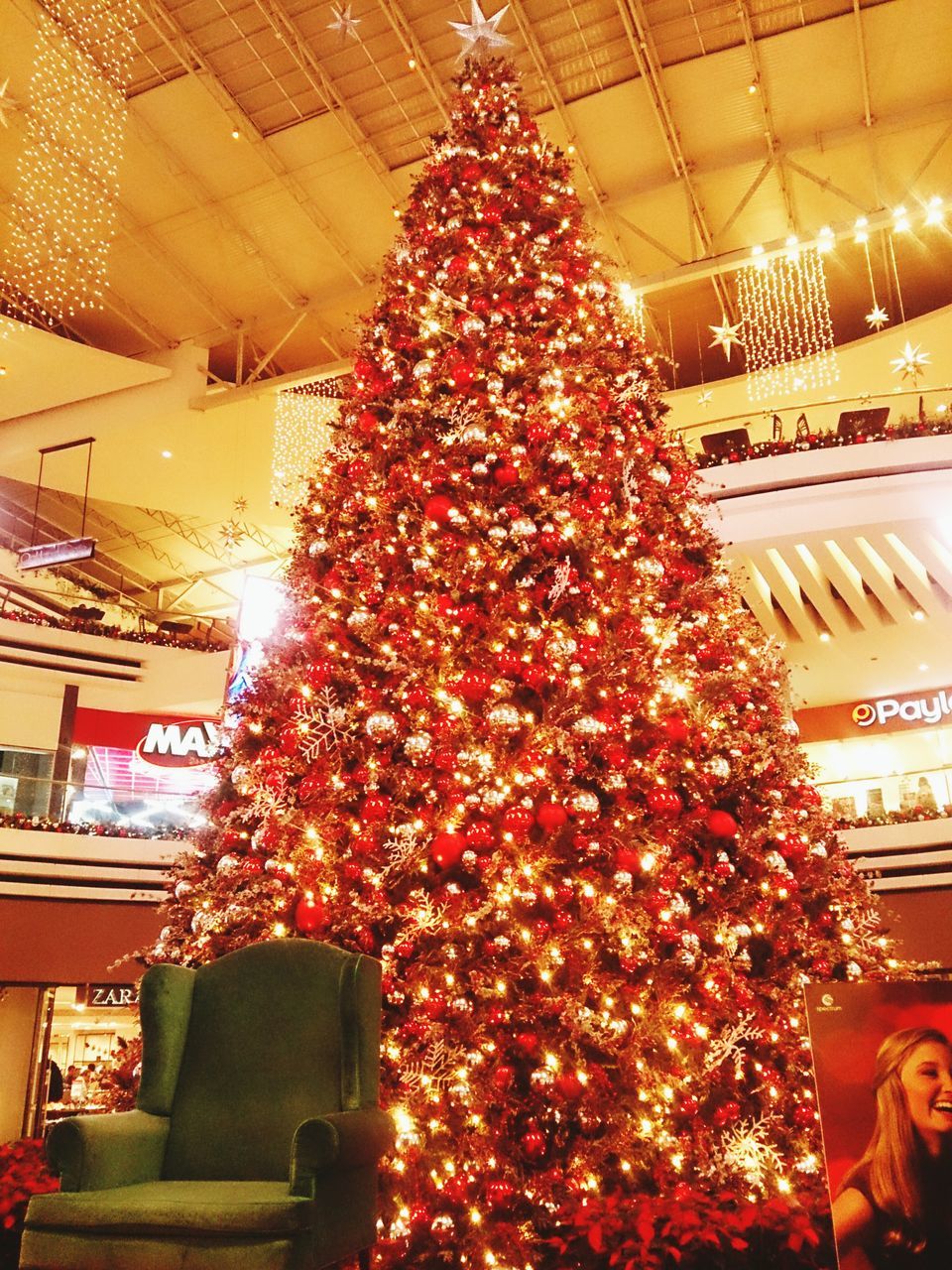 illuminated, christmas, decoration, celebration, christmas decoration, christmas tree, indoors, hanging, christmas lights, lighting equipment, tradition, low angle view, traditional festival, night, cultures, decor, architecture, christmas ornament, built structure, lantern