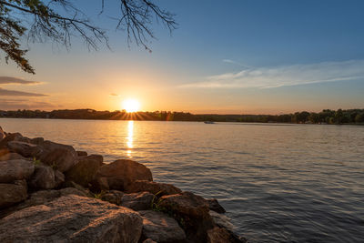 Scenic view of lake against sky during sunset