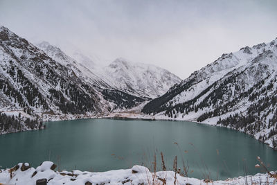 Scenic view of lake and snowcapped mountains against sky